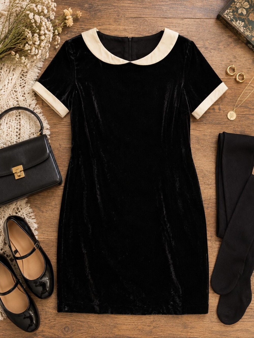 Black Velvet Mod Mini Dress Ivory Contrast Collar Cuffs Vintage Inspired